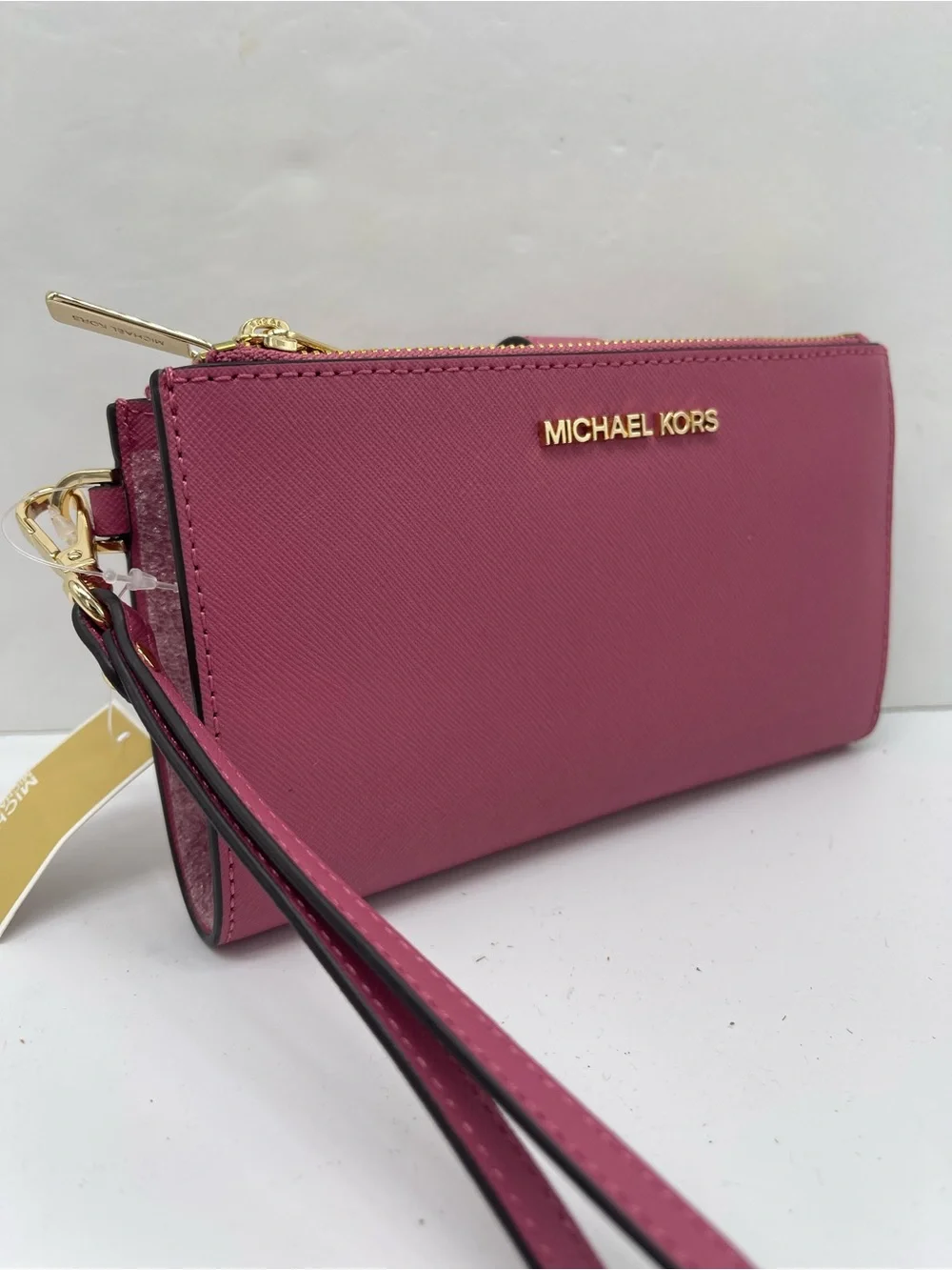 MICHAEL KORS JST Lg Double Zip Leather Wristlet Wallet Phone Holder Rosewood NWT